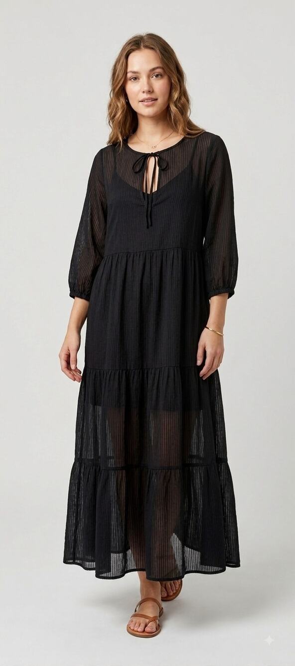 Natural Life Black Cotton Sheer Tiered Midi Dress XS/S